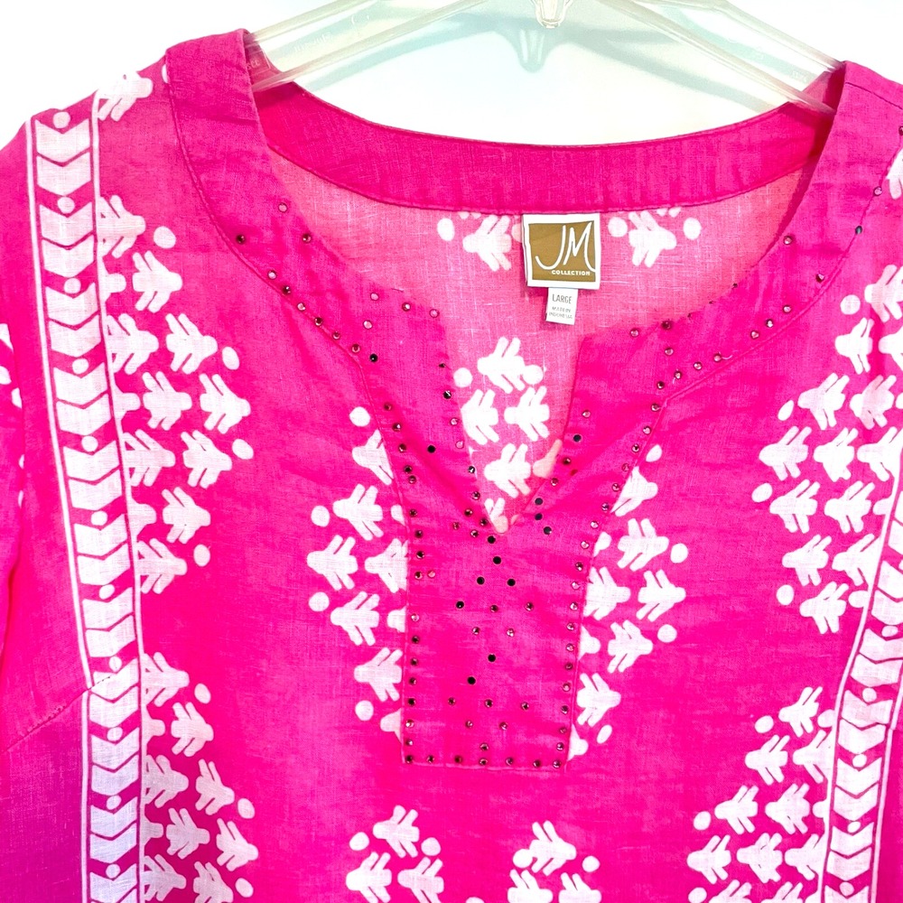 JM Collection top Large 100% linen pink Rhinestone embellish Boho Peasant Hippie - Picture 3 of 7